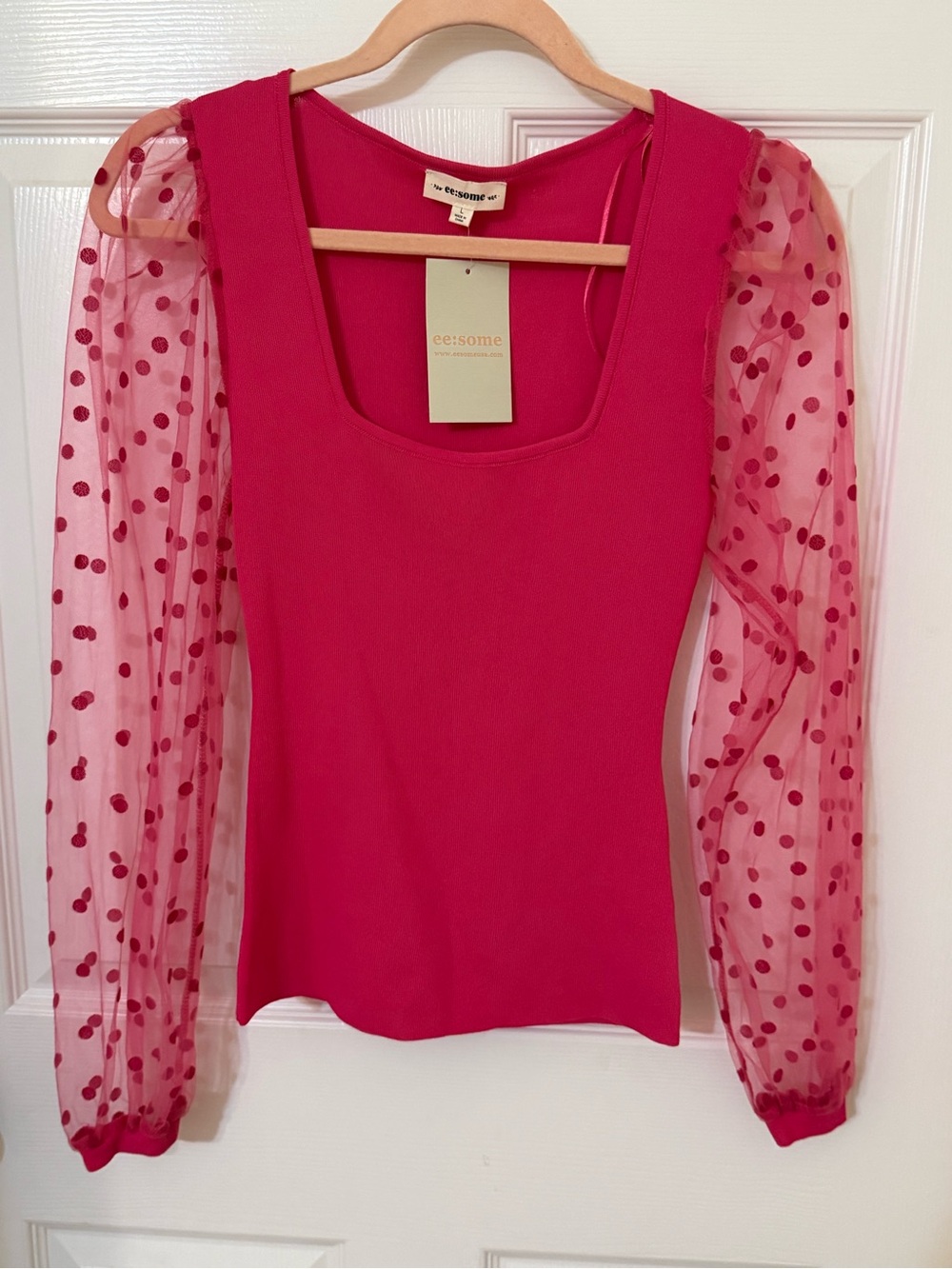 eesome Hot Pink Scoop Neck Top with Polka Dot Mesh Sleeves